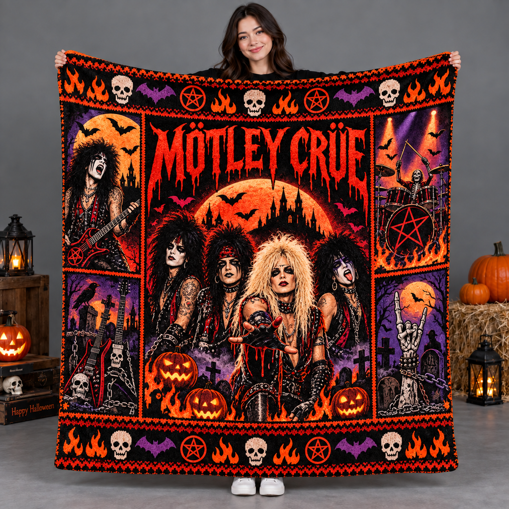 Motley Crue Orange Band Portraits Fleece Blanket For Spooky Halloween Rock Nights NDN 2