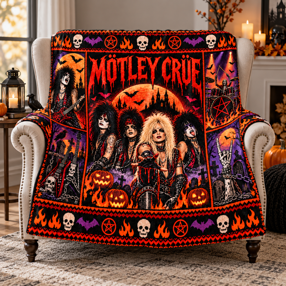 Motley Crue Orange Band Portraits Fleece Blanket For Spooky Halloween Rock Nights NDN 3