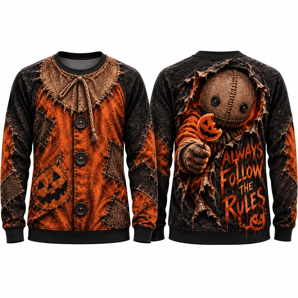 Orange Scarecrow Cardigan Always Follow The Rules Sweater for Harvest Horror Fans NDN 1