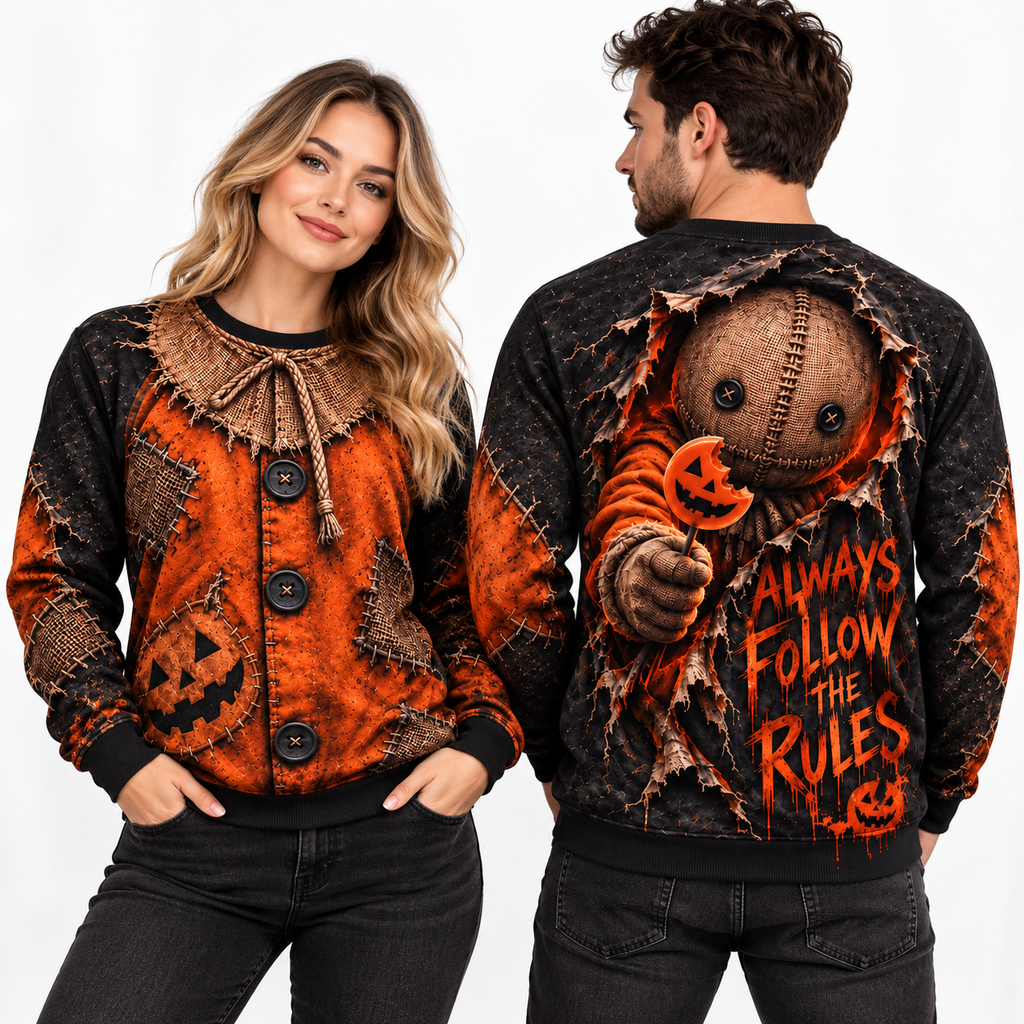Orange Scarecrow Cardigan Always Follow The Rules Sweater for Harvest Horror Fans NDN 2