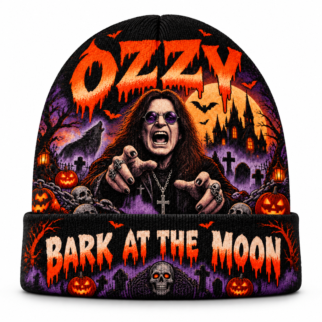 Ozzy Bark At The Moon Graphic Print Knit Beanie for Halloween Rock Night Walks NDN 1
