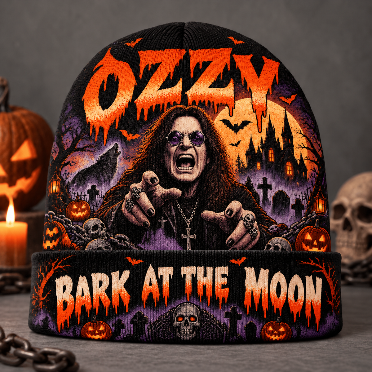 Ozzy Bark At The Moon Graphic Print Knit Beanie for Halloween Rock Night Walks NDN 2