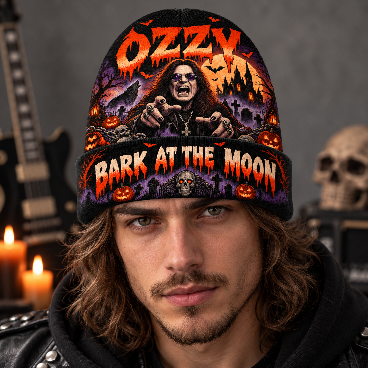 Ozzy Bark At The Moon Graphic Print Knit Beanie for Halloween Rock Night Walks NDN 3