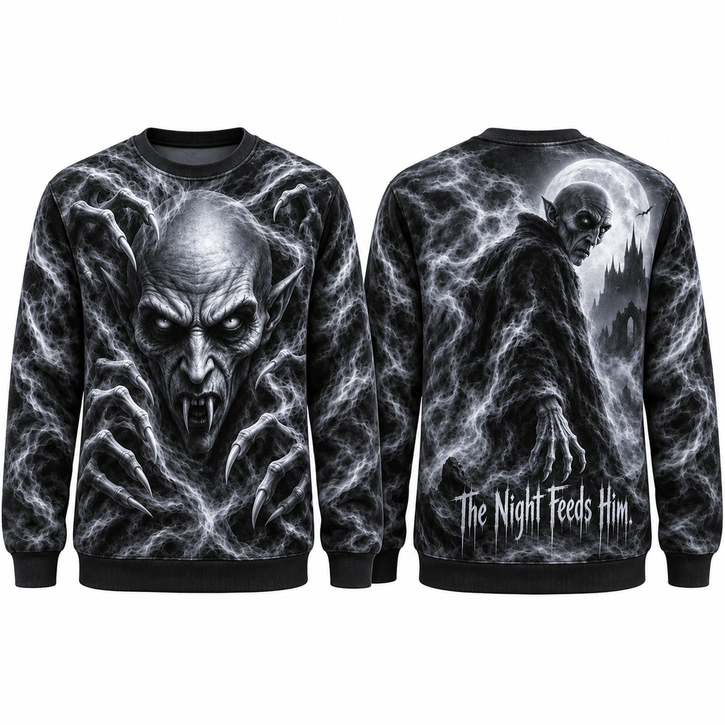 Pale Fanged Ghoul Face The Night Feeds Him Black Sweater for Moonlit Horror Fans NDN 1