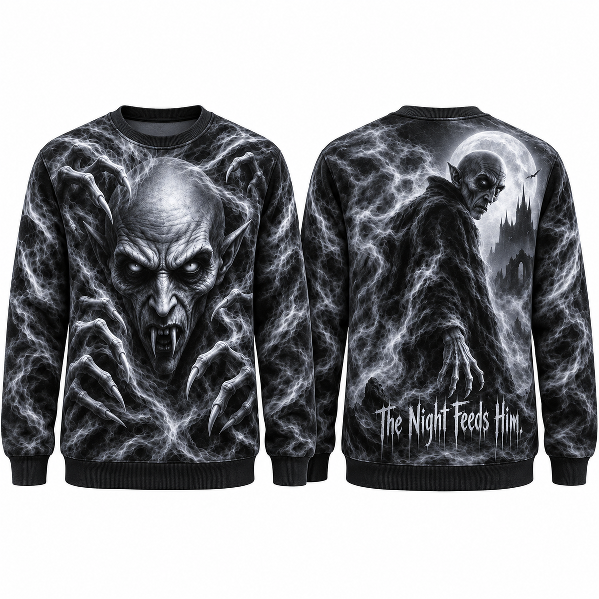Pale Fanged Ghoul Face The Night Feeds Him Black Sweater for Moonlit Horror Fans NDN 1