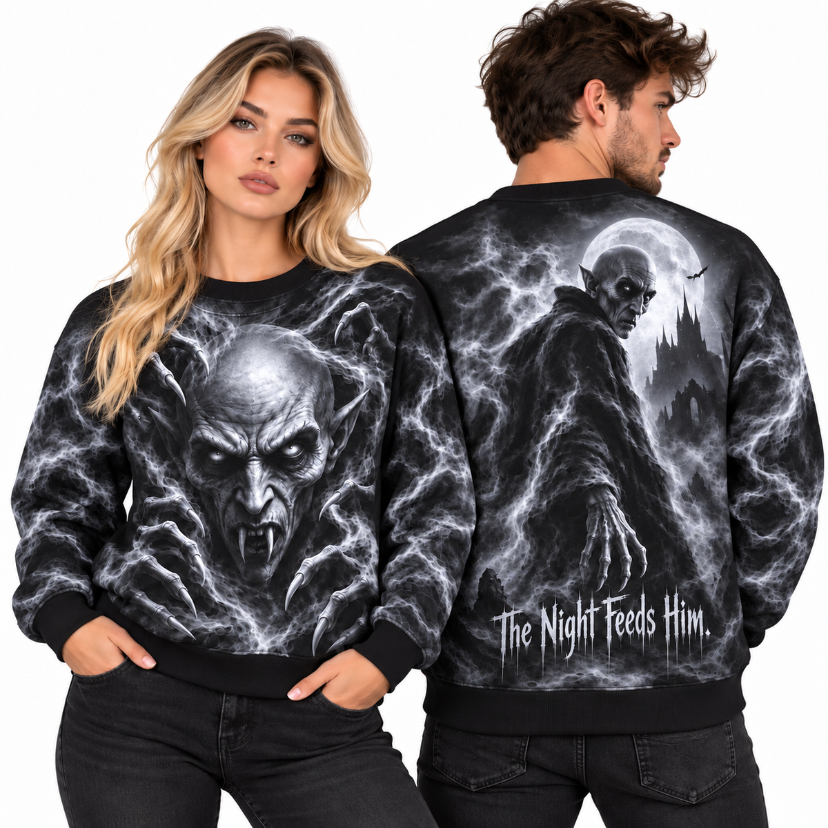 Pale Fanged Ghoul Face The Night Feeds Him Black Sweater for Moonlit Horror Fans NDN 2