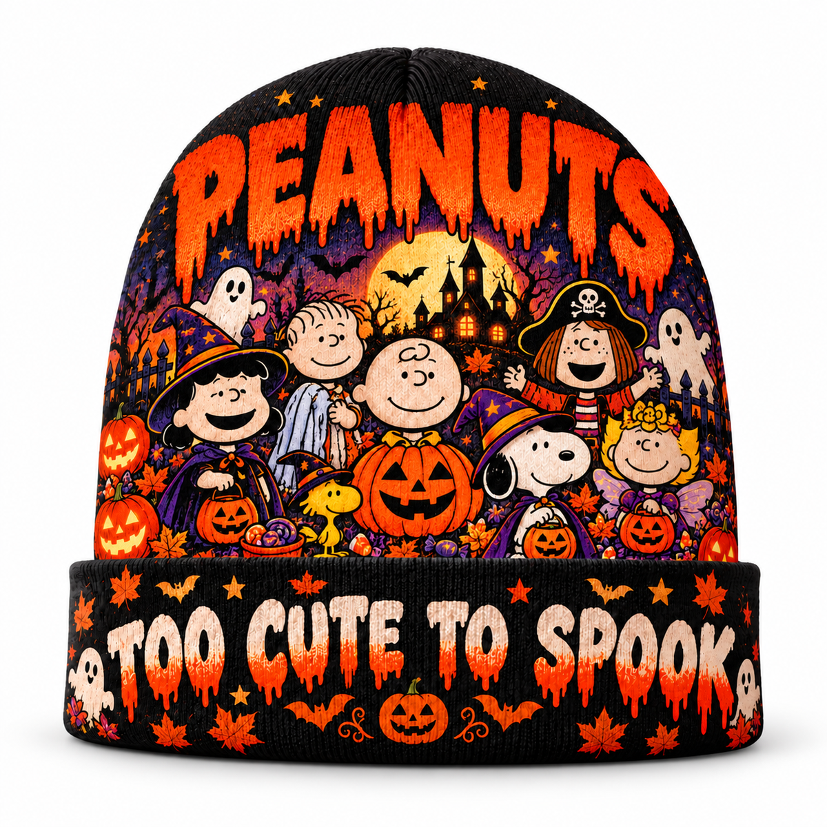 Peanuts Snoopy Woodstock Pumpkin Graphic Print Knit Beanie for Cute Halloween Nights NDN 1