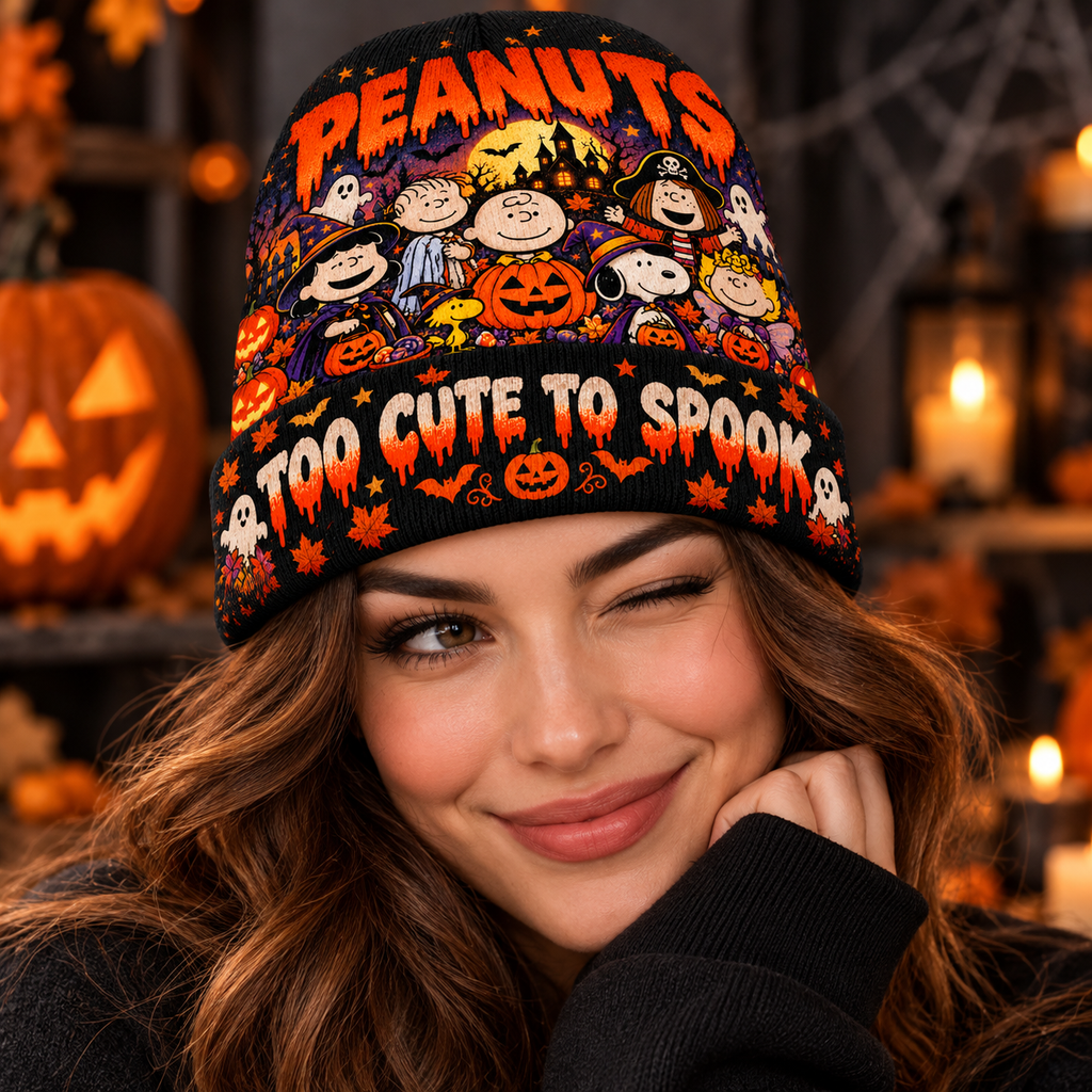 Peanuts Snoopy Woodstock Pumpkin Graphic Print Knit Beanie for Cute Halloween Nights NDN 3