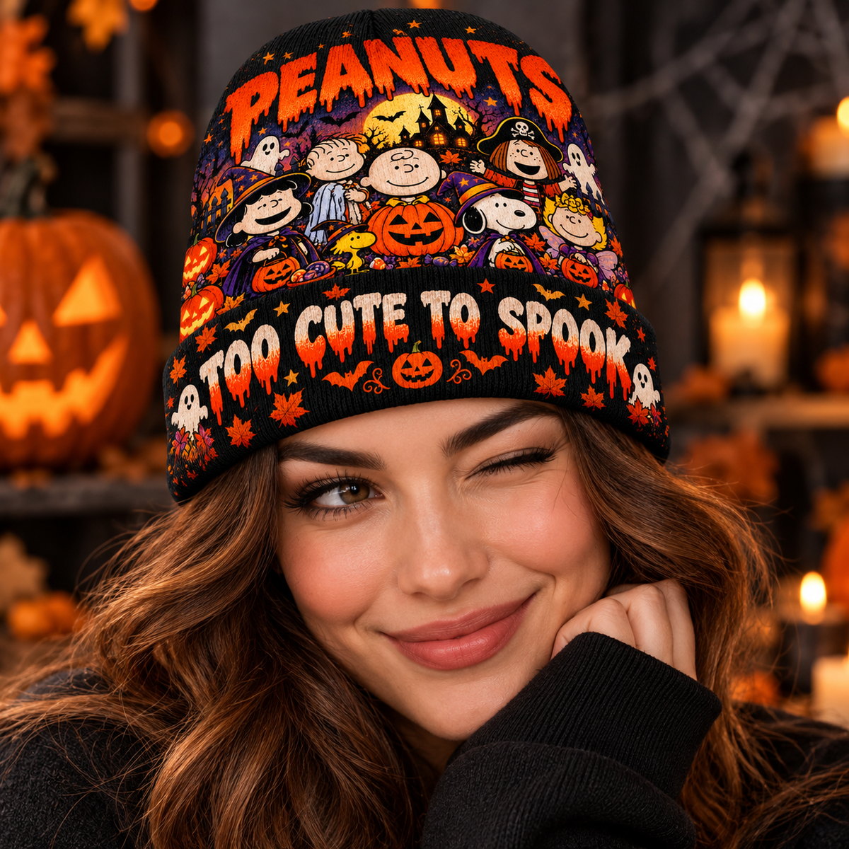 Peanuts Snoopy Woodstock Pumpkin Graphic Print Knit Beanie for Cute Halloween Nights NDN 3