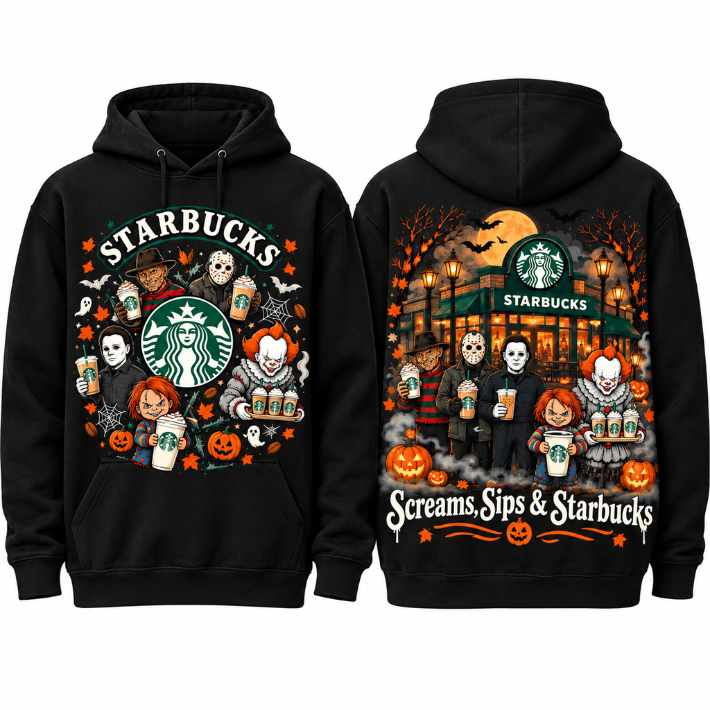 Peanuts Starbucks Halloween Gang Pumpkins Scream Sips Storefront Hoodie for Halloween Coffee Fans NDN 1