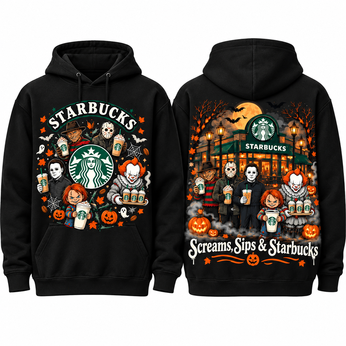 Peanuts Starbucks Halloween Gang Pumpkins Scream Sips Storefront Hoodie for Halloween Coffee Fans NDN 1