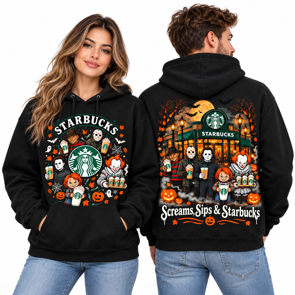 Peanuts Starbucks Halloween Gang Pumpkins Scream Sips Storefront Hoodie for Halloween Coffee Fans NDN 2