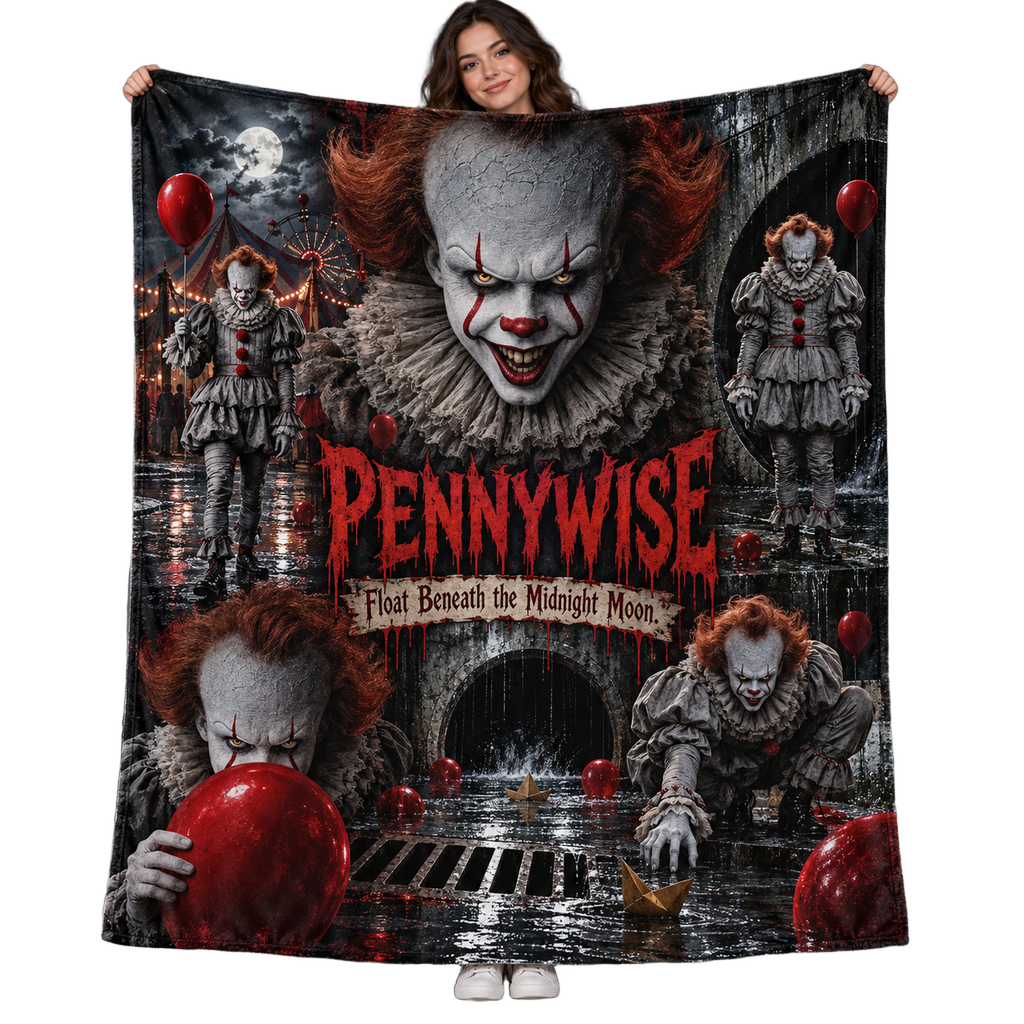 Pennywise Clown Portrait And Red Balloons Fleece Blanket For Derry Horror Movie Fans NDN 1