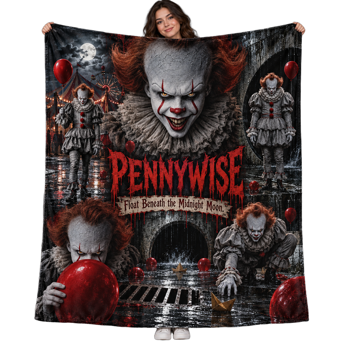 Pennywise Clown Portrait And Red Balloons Fleece Blanket For Derry Horror Movie Fans NDN 1