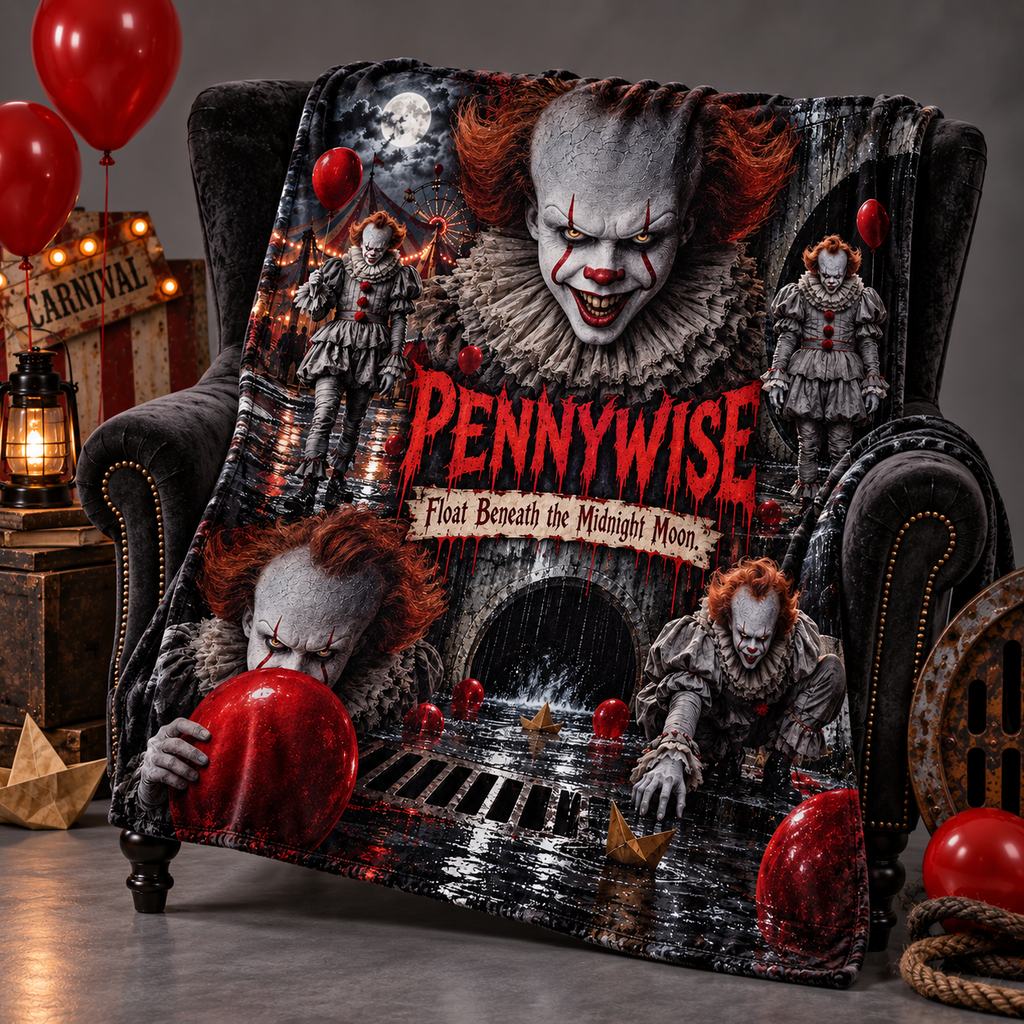 Pennywise Clown Portrait And Red Balloons Fleece Blanket For Derry Horror Movie Fans NDN 2