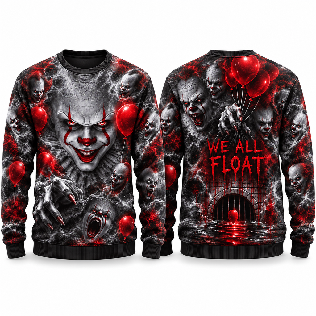 Pennywise Clown Red Balloons We All Float Black Sweater for Circus Sewer Fans NDN 1