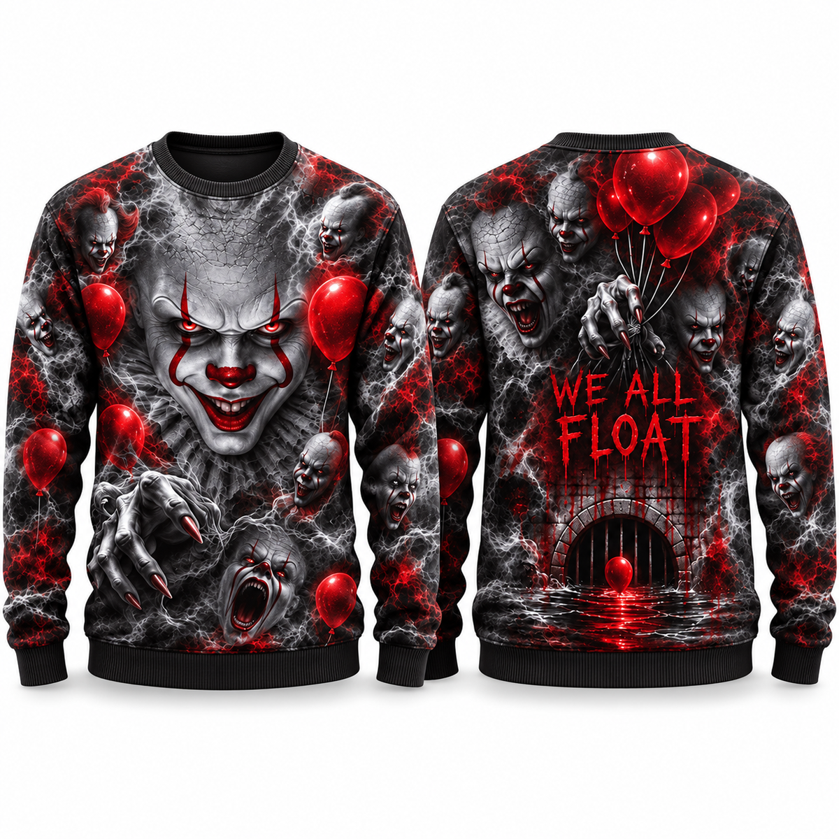 Pennywise Clown Red Balloons We All Float Black Sweater for Circus Sewer Fans NDN 1