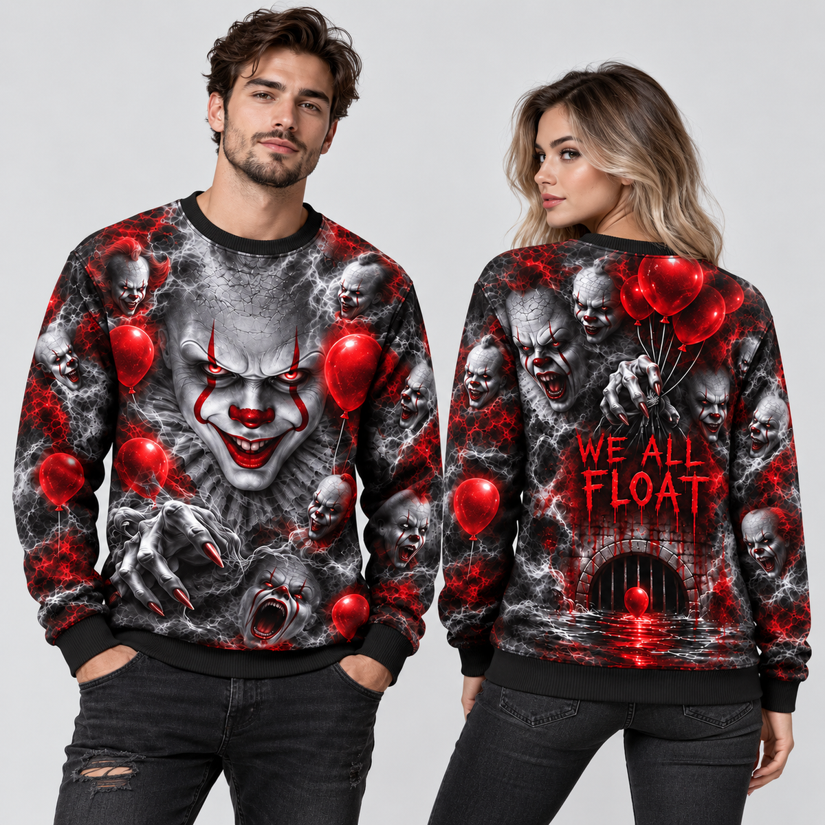 Pennywise Clown Red Balloons We All Float Black Sweater for Circus Sewer Fans NDN 2