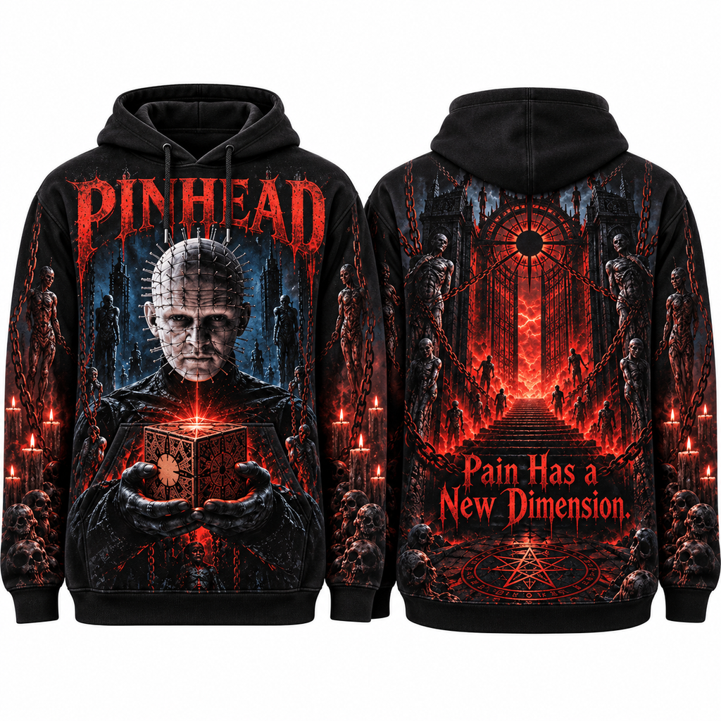 Pinhead Dripping Lettering Pain Has A New Dimension Cube Hoodie for Hellraiser Horror Fans NDN 1