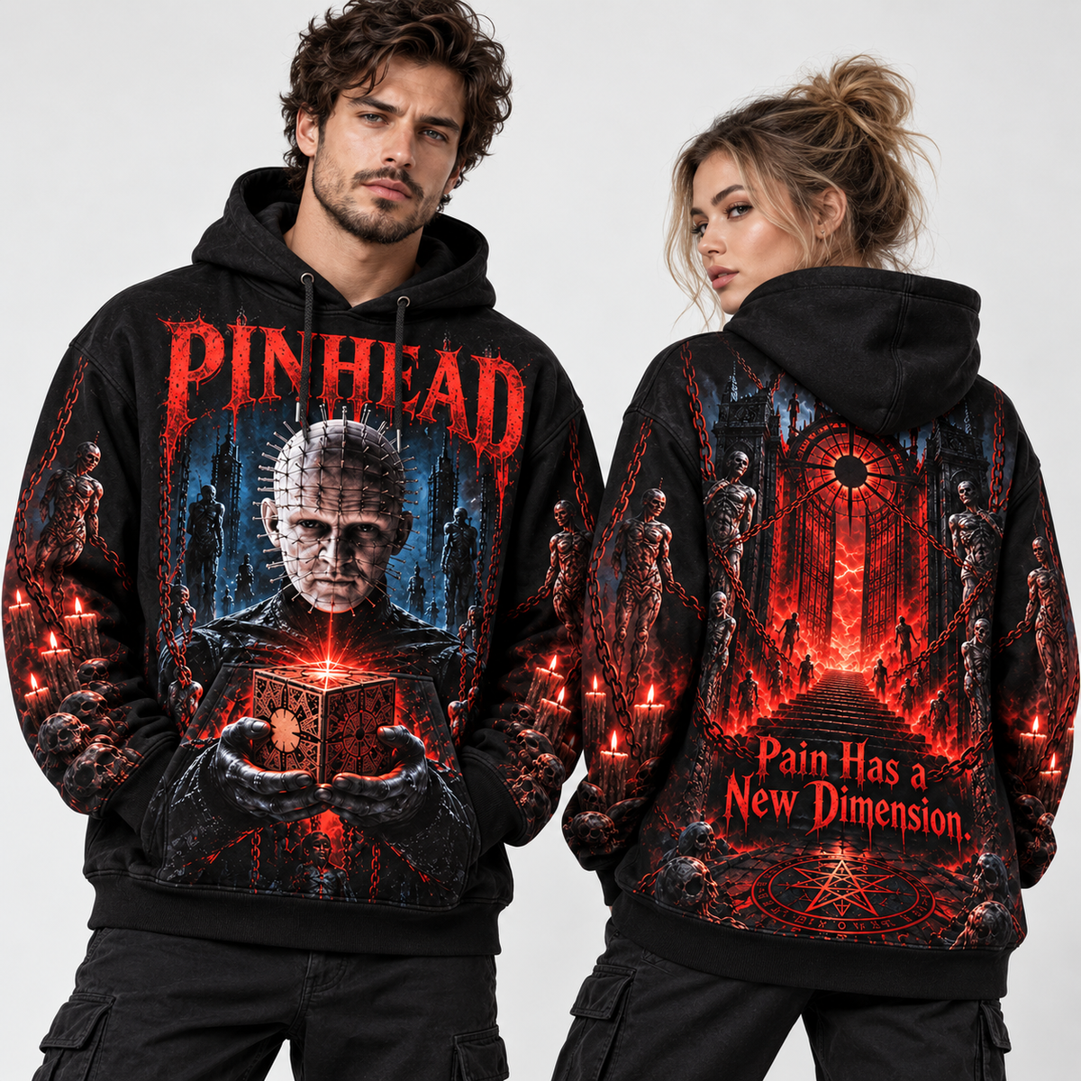 Pinhead Dripping Lettering Pain Has A New Dimension Cube Hoodie for Hellraiser Horror Fans NDN 2