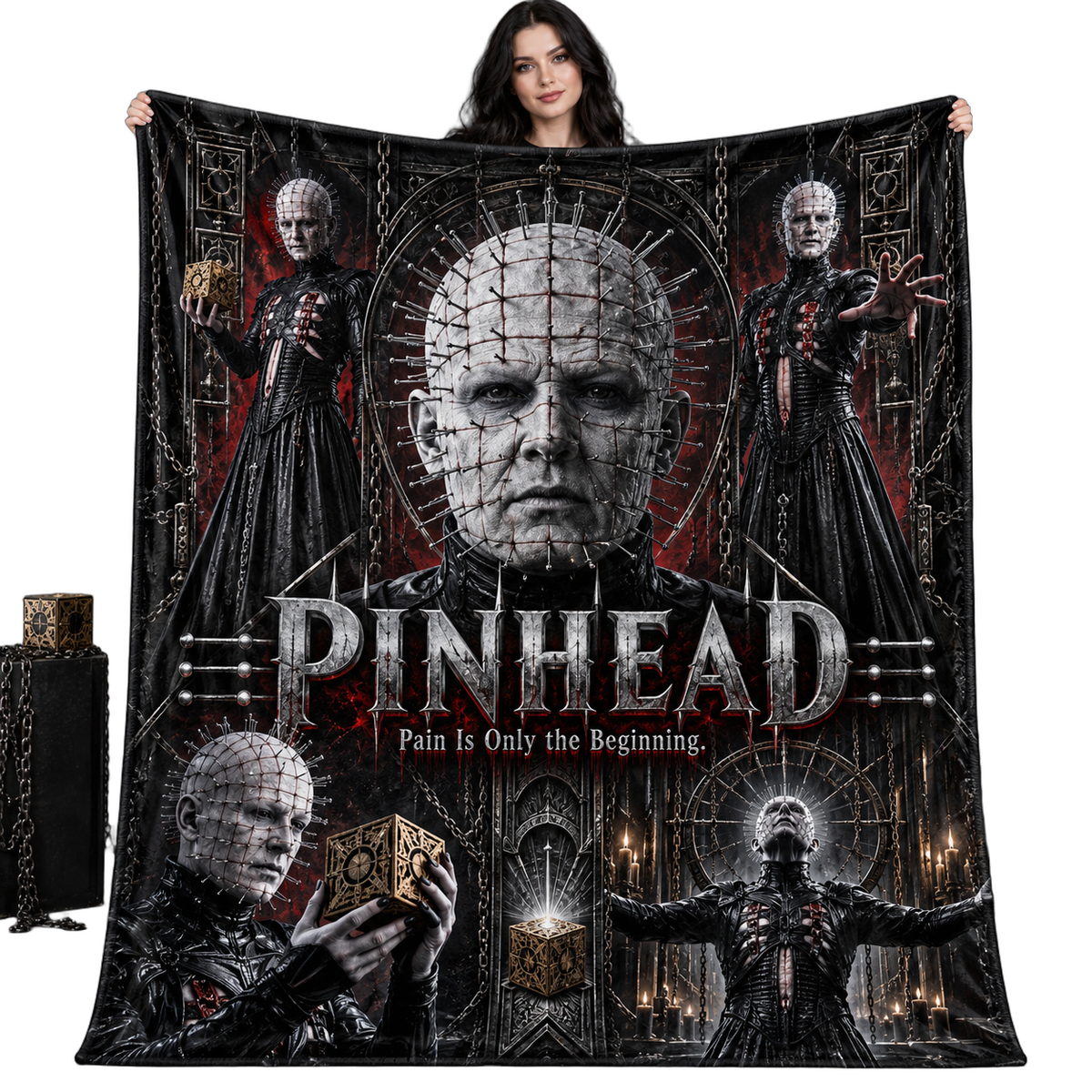 Pinhead Portrait And Dark Chain Collage Fleece Blanket For Fans Of Supernatural Horror NDN 1