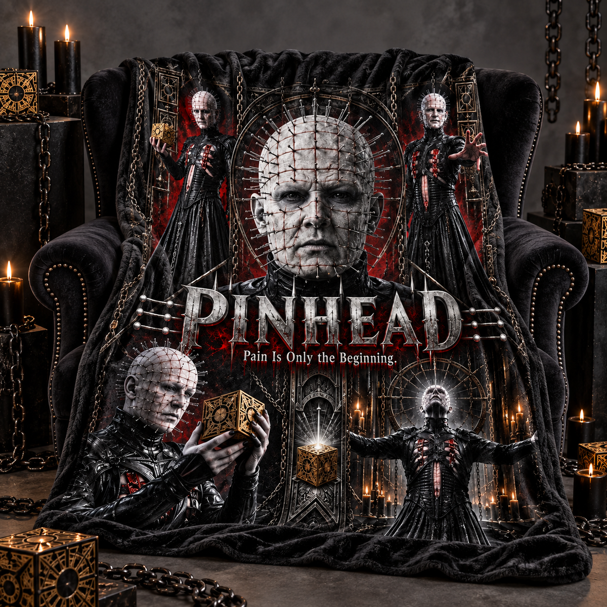 Pinhead Portrait And Dark Chain Collage Fleece Blanket For Fans Of Supernatural Horror NDN 2