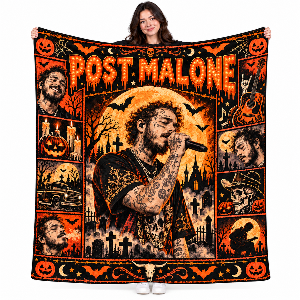 Post Malone Guitar Portrait And Pumpkins Fleece Blanket For Spooky Movie Nights NDN 1