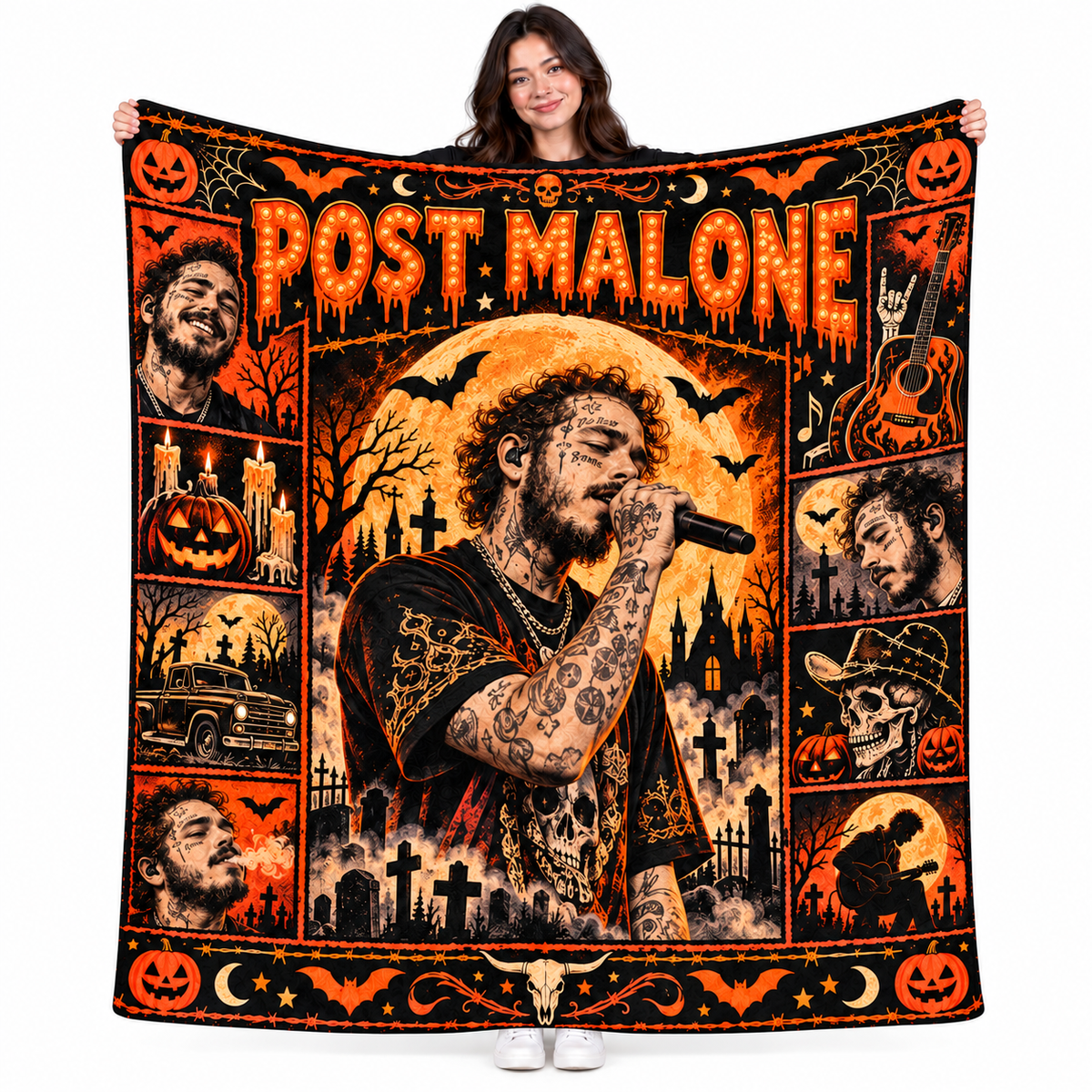 Post Malone Guitar Portrait And Pumpkins Fleece Blanket For Spooky Movie Nights NDN 1