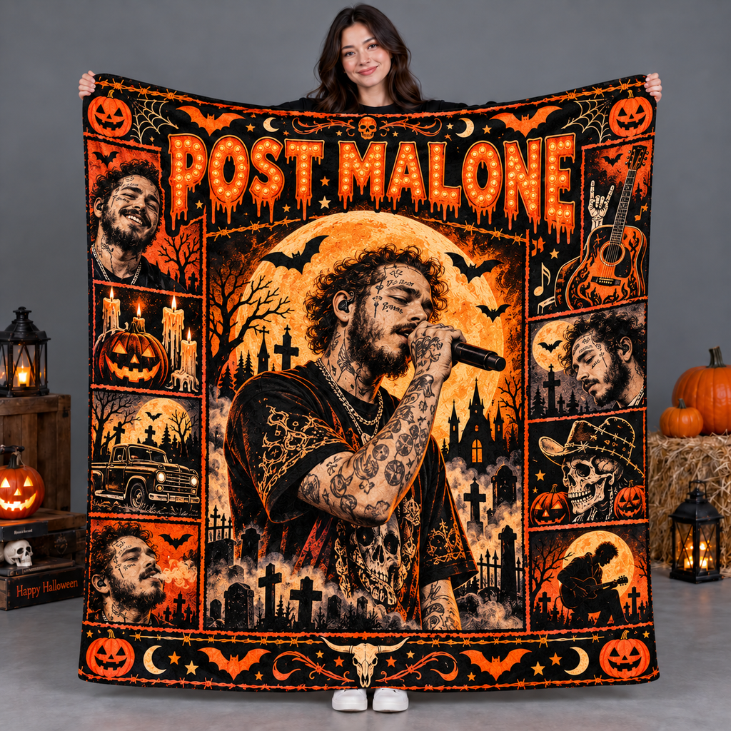 Post Malone Guitar Portrait And Pumpkins Fleece Blanket For Spooky Movie Nights NDN 2