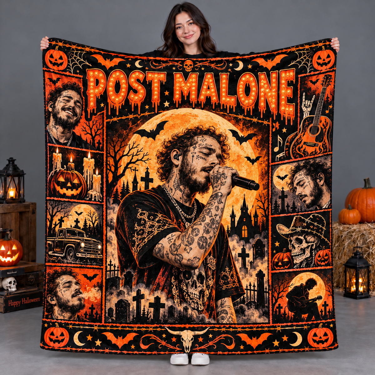 Post Malone Guitar Portrait And Pumpkins Fleece Blanket For Spooky Movie Nights NDN 2