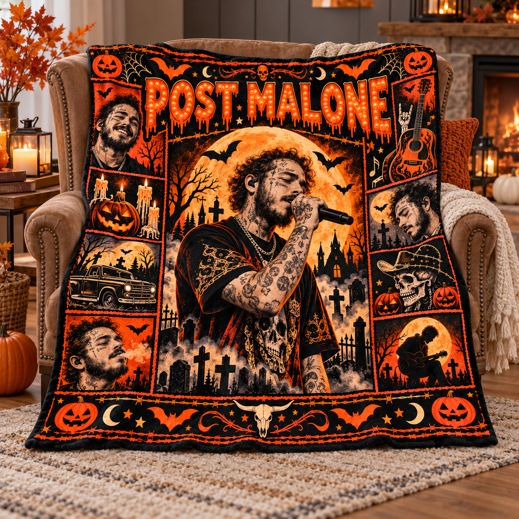 Post Malone Guitar Portrait And Pumpkins Fleece Blanket For Spooky Movie Nights NDN 3