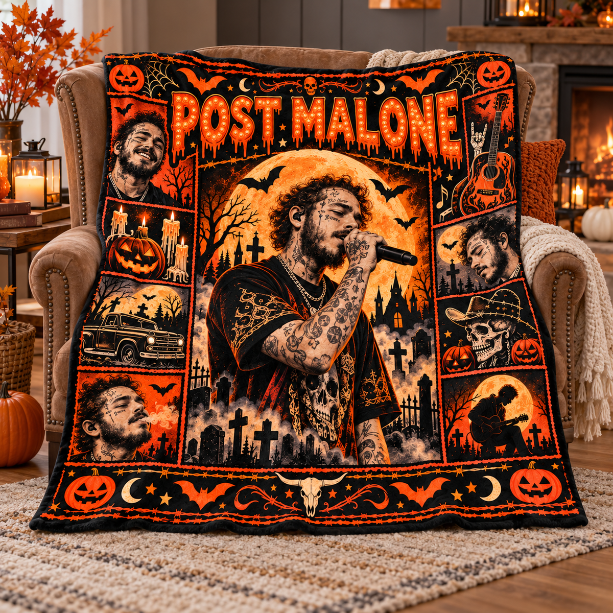 Post Malone Guitar Portrait And Pumpkins Fleece Blanket For Spooky Movie Nights NDN 3