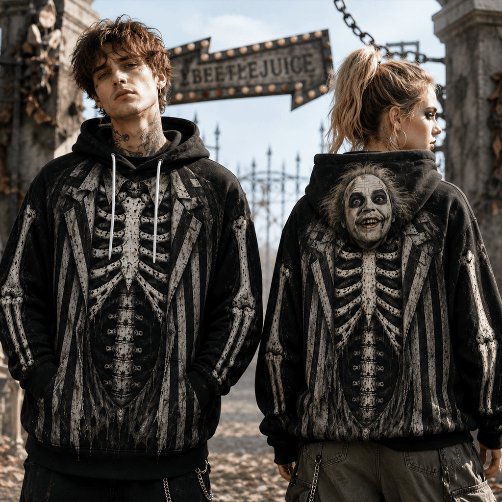 Premium Beetlejuice Skeleton Halloween Striped Suit Horror 3D Hoodie 2