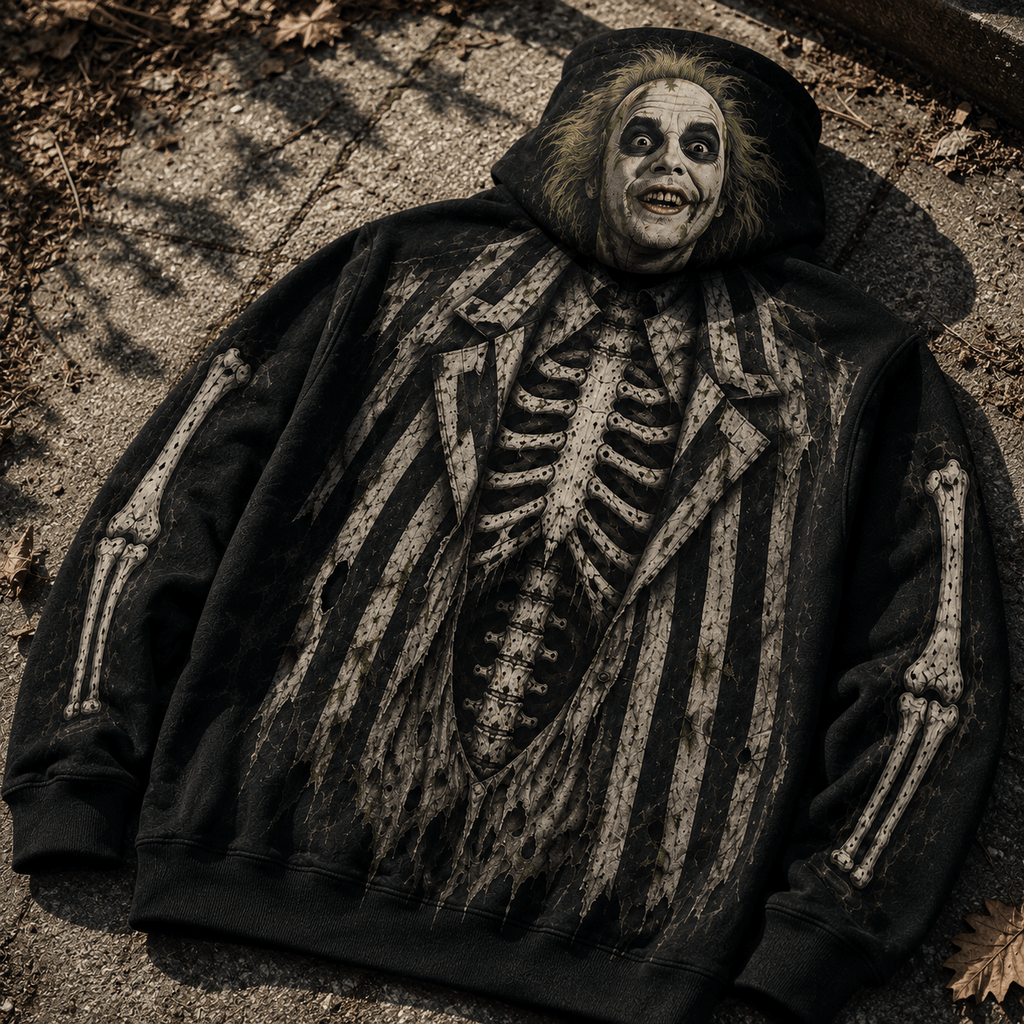 Premium Beetlejuice Skeleton Halloween Striped Suit Horror 3D Hoodie 4