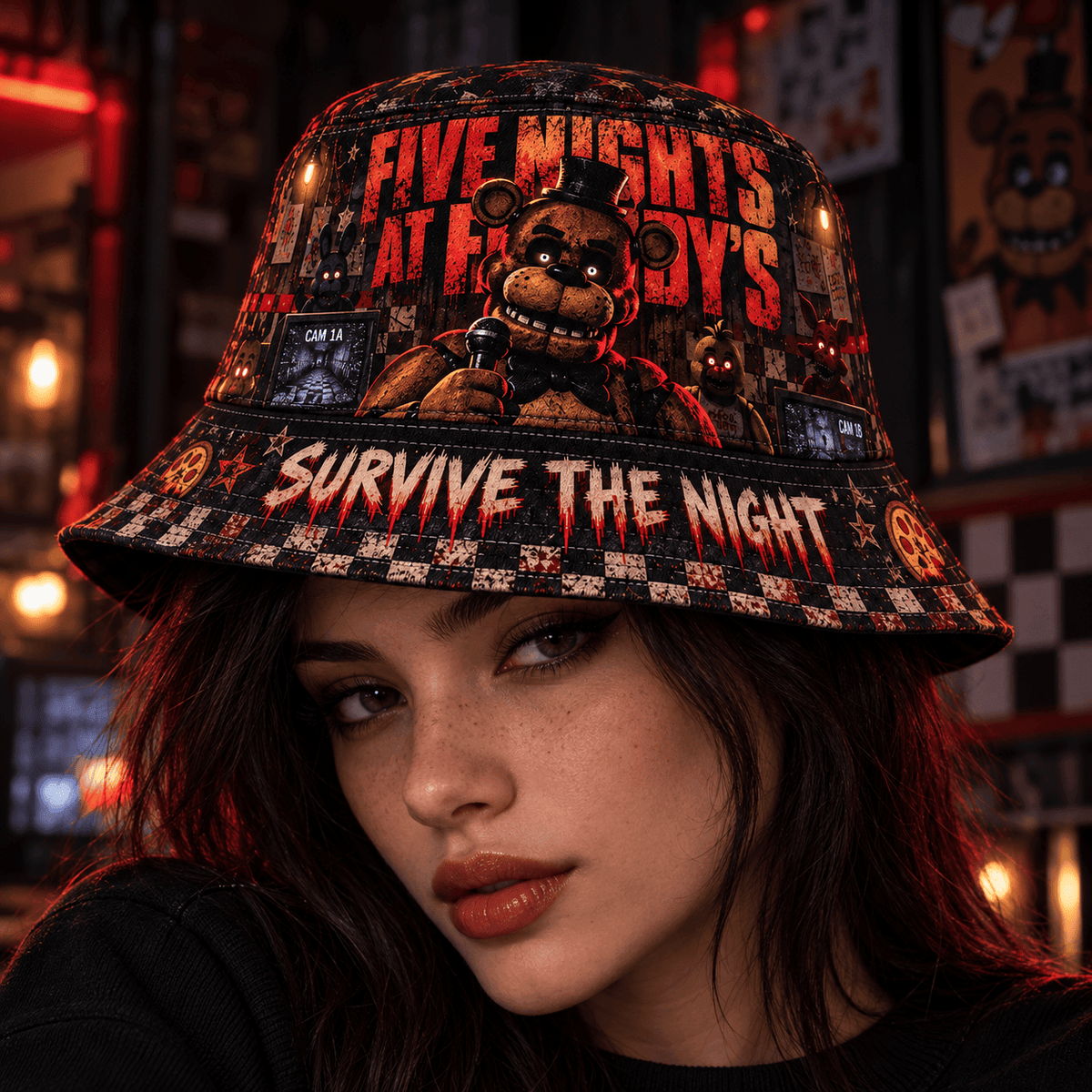 Premium Freddy Fazbear Survive The Night Horror Game Graphic Bucket Hat NDN 2