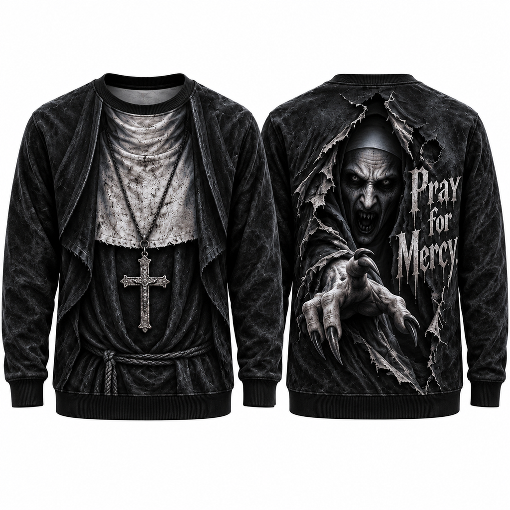 Priest Cross Necklace Pray For Mercy Black Sweater for Chapel Horror Night Fans NDN 1