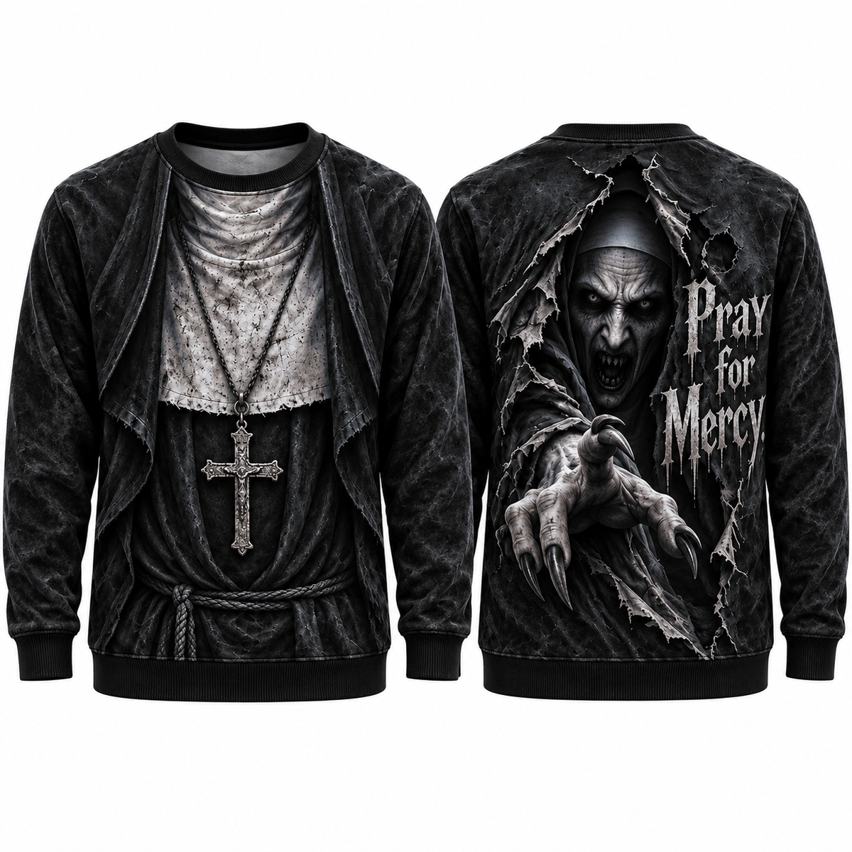 Priest Cross Necklace Pray For Mercy Black Sweater for Chapel Horror Night Fans NDN 1