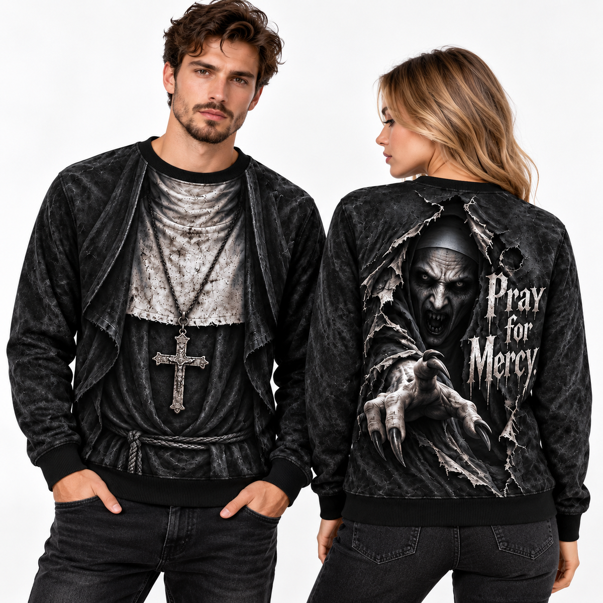 Priest Cross Necklace Pray For Mercy Black Sweater for Chapel Horror Night Fans NDN 2