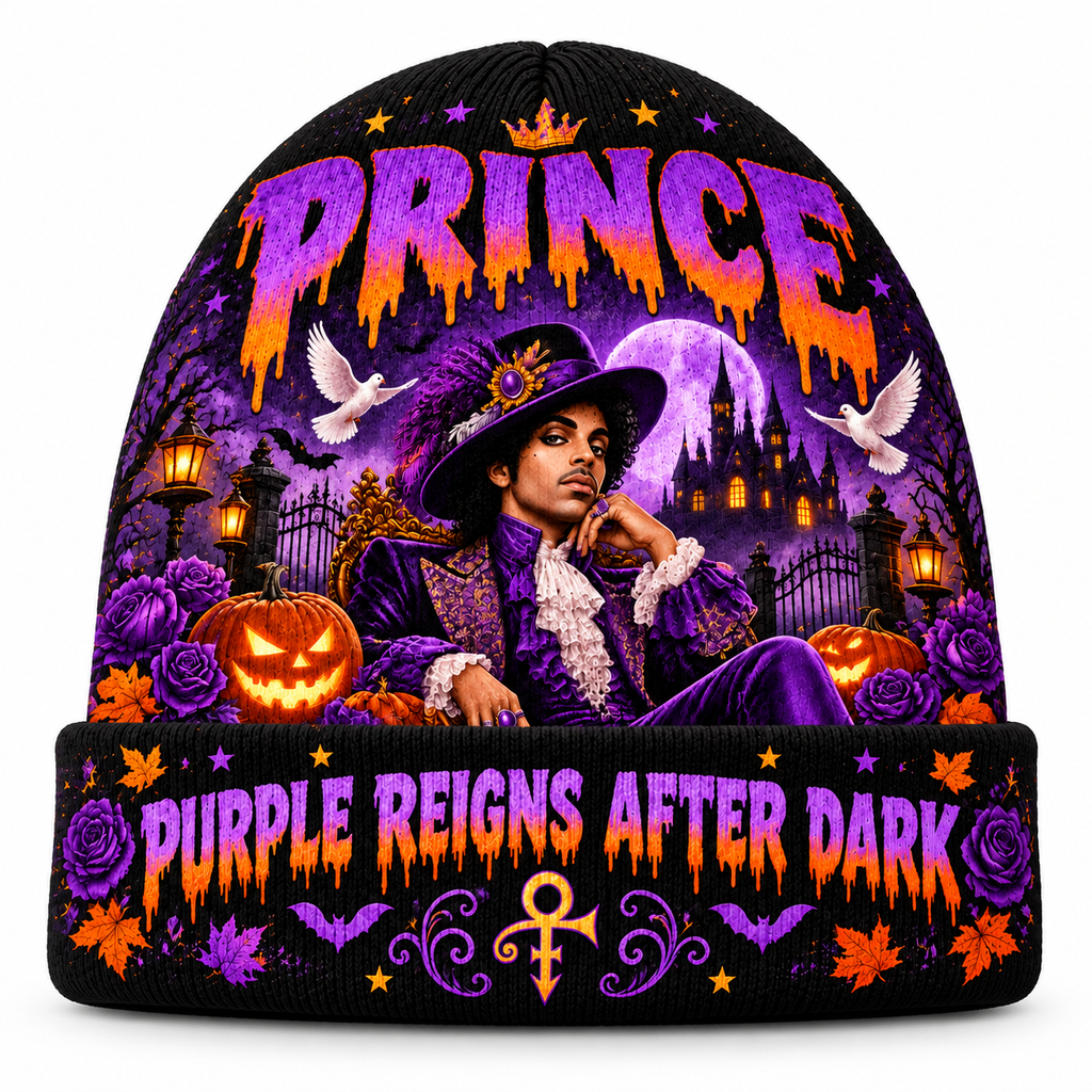 Prince Purple Reign Graphic Print Knit Beanie for After Dark Halloween Concert Nights NDN 1