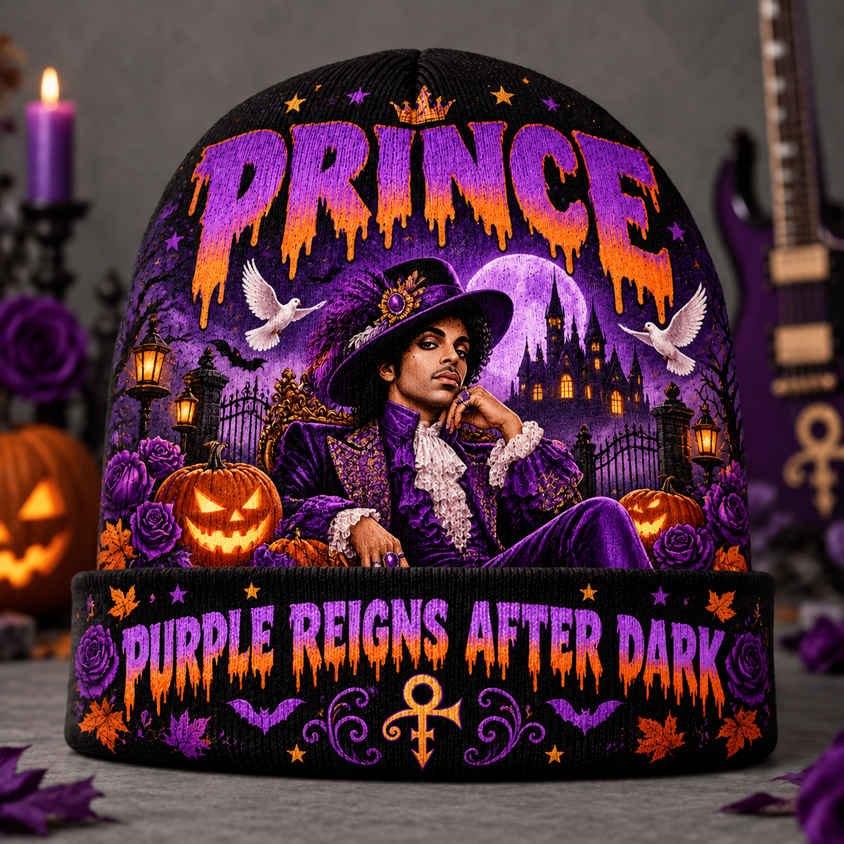 Prince Purple Reign Graphic Print Knit Beanie for After Dark Halloween Concert Nights NDN 2