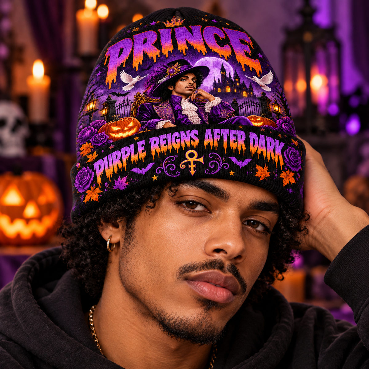 Prince Purple Reign Graphic Print Knit Beanie for After Dark Halloween Concert Nights NDN 3