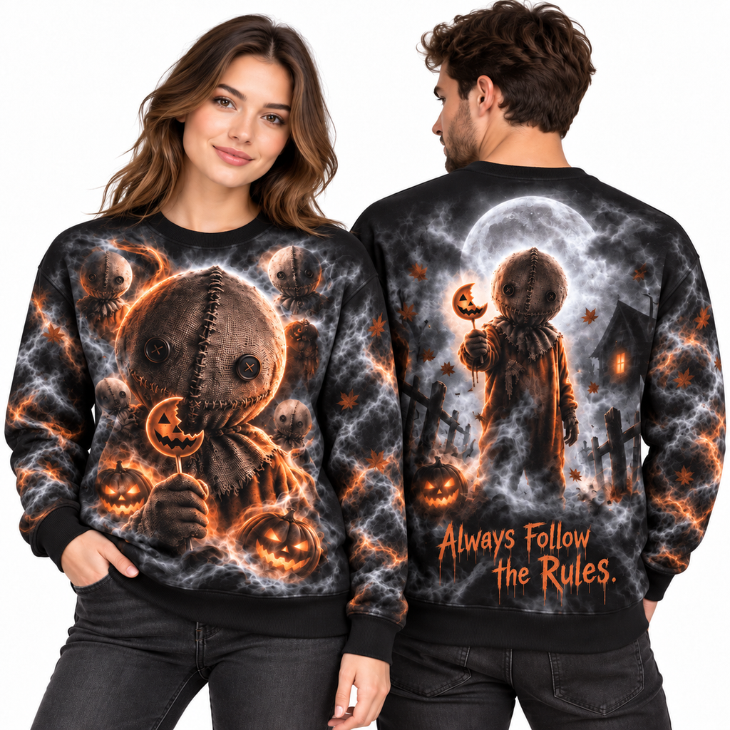 Pumpkin Scarecrow Glow Always Follow The Rules Sweater for Harvest Night Fans NDN 2