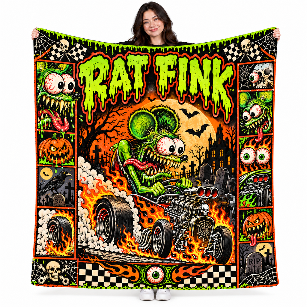 Rat Fink Green Hot Rod Monster Fleece Blanket For Wild Halloween Movie Nights NDN 1