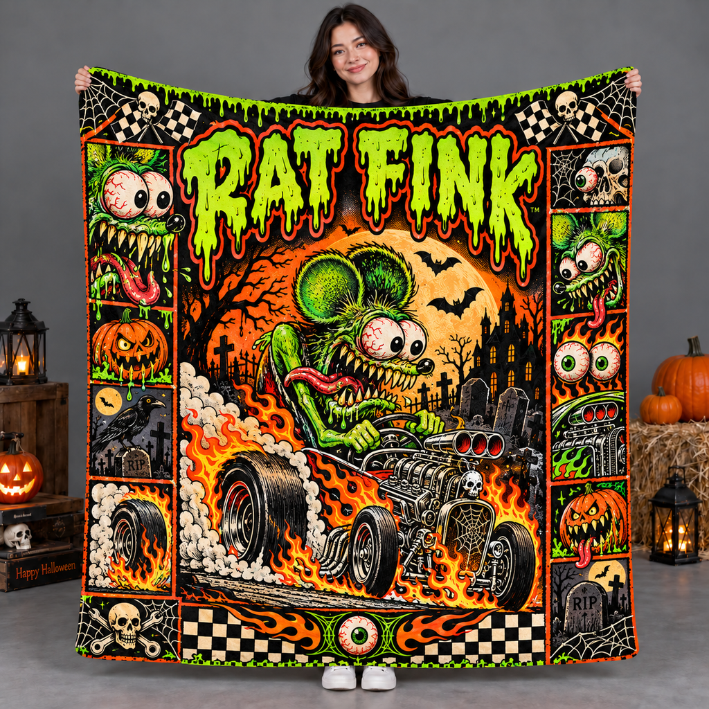 Rat Fink Green Hot Rod Monster Fleece Blanket For Wild Halloween Movie Nights NDN 2