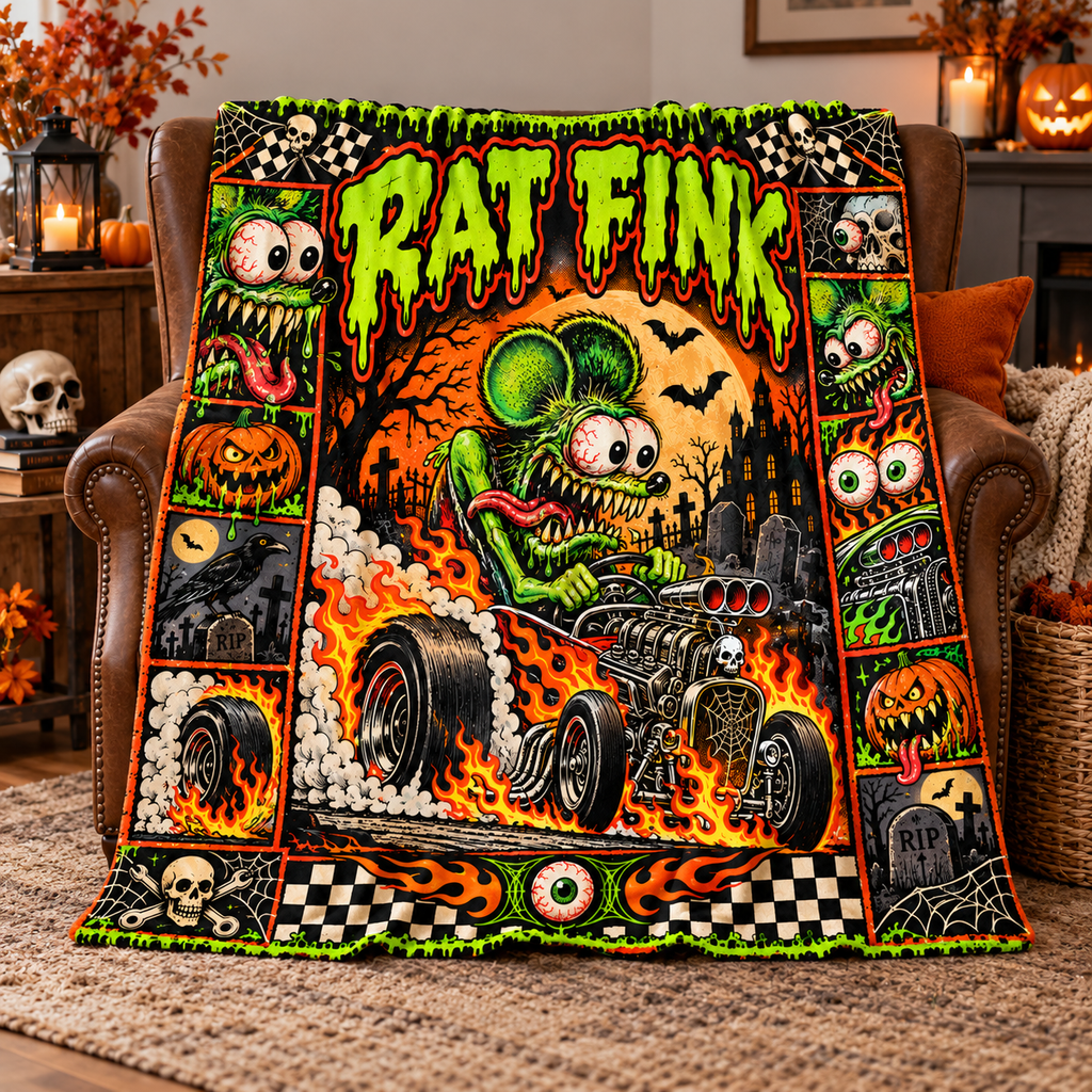 Rat Fink Green Hot Rod Monster Fleece Blanket For Wild Halloween Movie Nights NDN 3