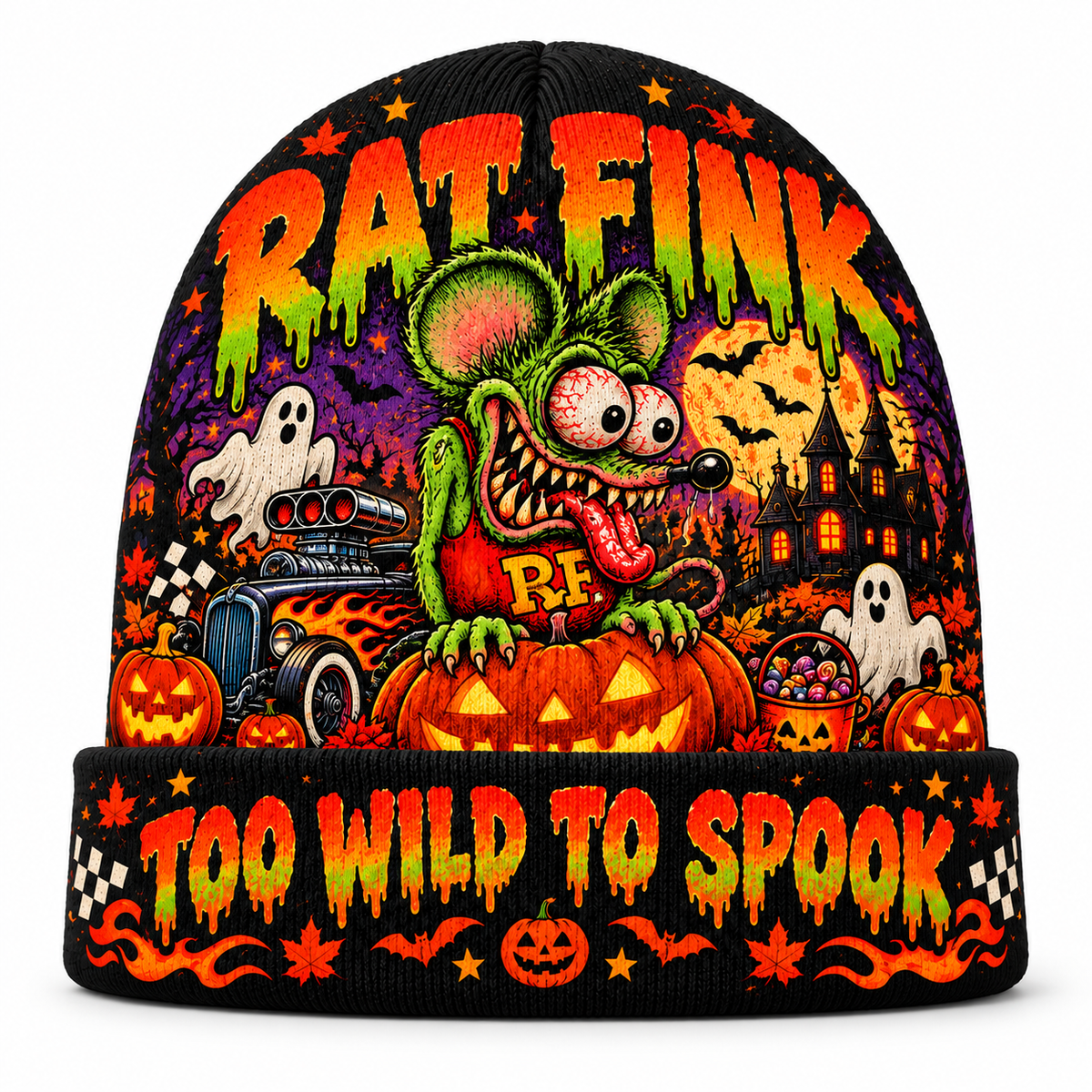 Rat Fink Hot Rod Monster Graphic Print Knit Beanie for Too Wild To Spook Nights NDN 1