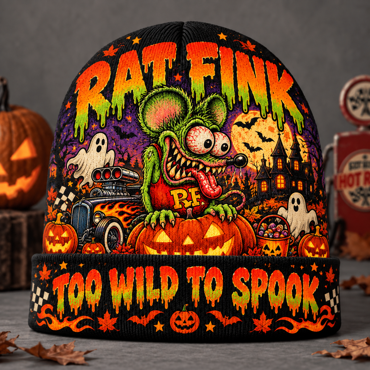 Rat Fink Hot Rod Monster Graphic Print Knit Beanie for Too Wild To Spook Nights NDN 2