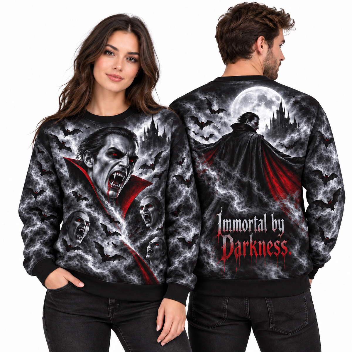 Red Cape Vampire Immortal By Darkness Black Sweater for Gothic Castle Night Fans NDN 2