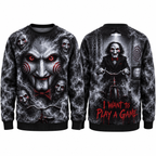 Red Eye Clown Puppet I Want To Play A Game Black Sweater for Trap Horror Fans NDN 1