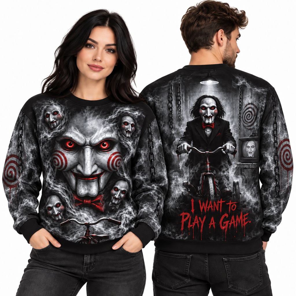 Red Eye Clown Puppet I Want To Play A Game Black Sweater for Trap Horror Fans NDN 2